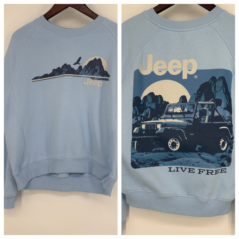Jeep Live Free Unisex Soft Crew Neck Sweatshirt Pale Blue M Mountains Birds Moon